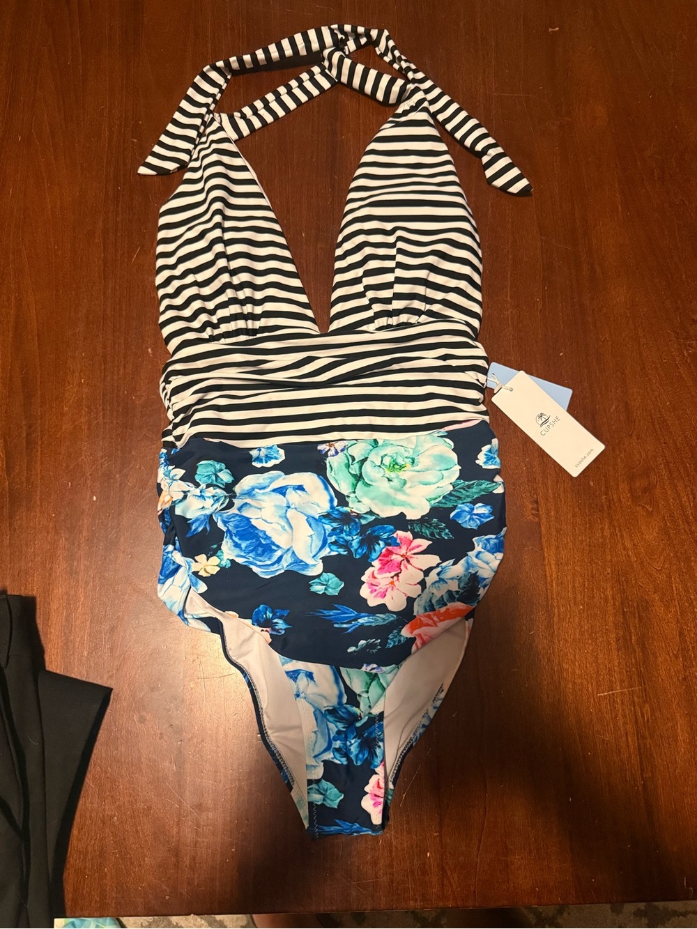 NWT Cupshe Black and White Striped Halter One-Piece swimsuit with Floral Accents
